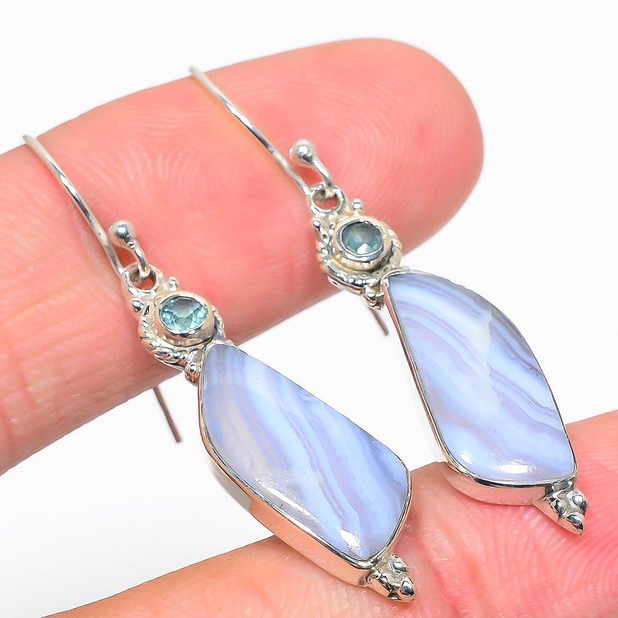 

Natural Blue Lace Agate Gemstone Handmade 925 Sterling Silver Earring 1.75 k9I41