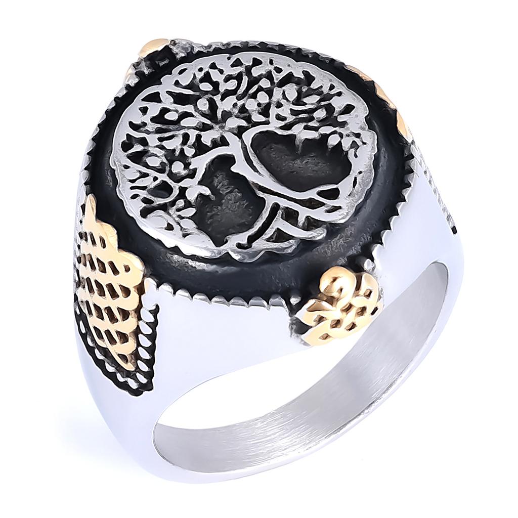 Mens Vintage Hip Hop Style Tree of Life Botanical Element Stainless Steel Ring
