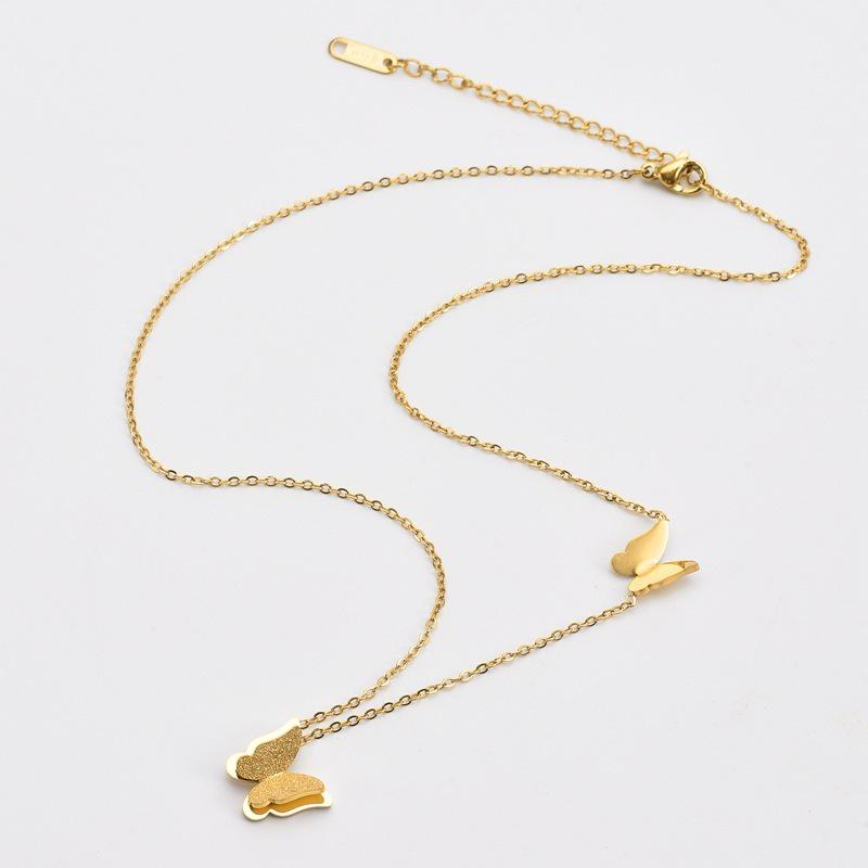 Women's Titanium Steel Gold-Plated Double Butterfly Pendant Necklace - Frosted, Colorfast, Lightweight, Trendy Design.