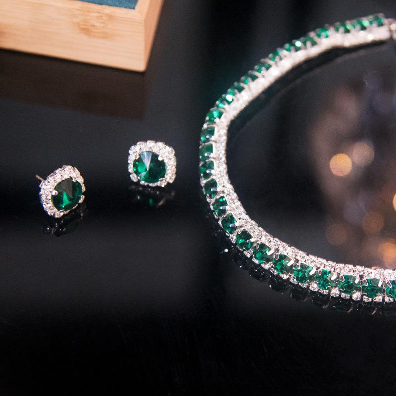 Luxury Necklace Earrings Sets Green Crystal Necklace Women Weddings Bride Jewelry Accessories