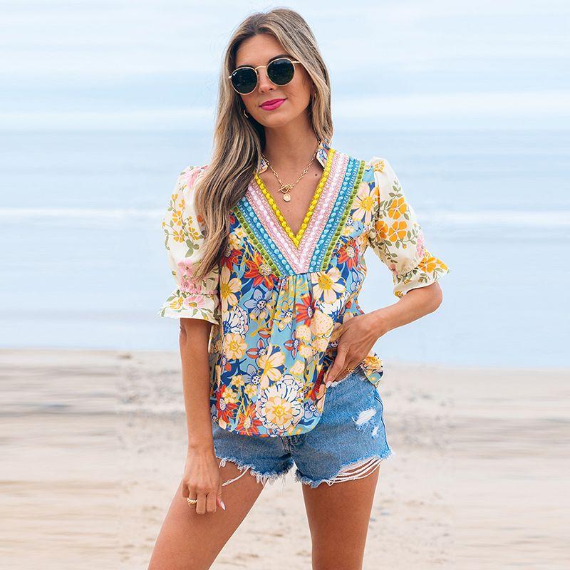 

Fashion Pullover V-neck Thin Shirt Women 2025 Spring & Fall New Arrival Floral Special-Interest Design Easiest for Match Half Sleeve Shirt Print P22 XL code fits (70.00 kg-75.00 kg