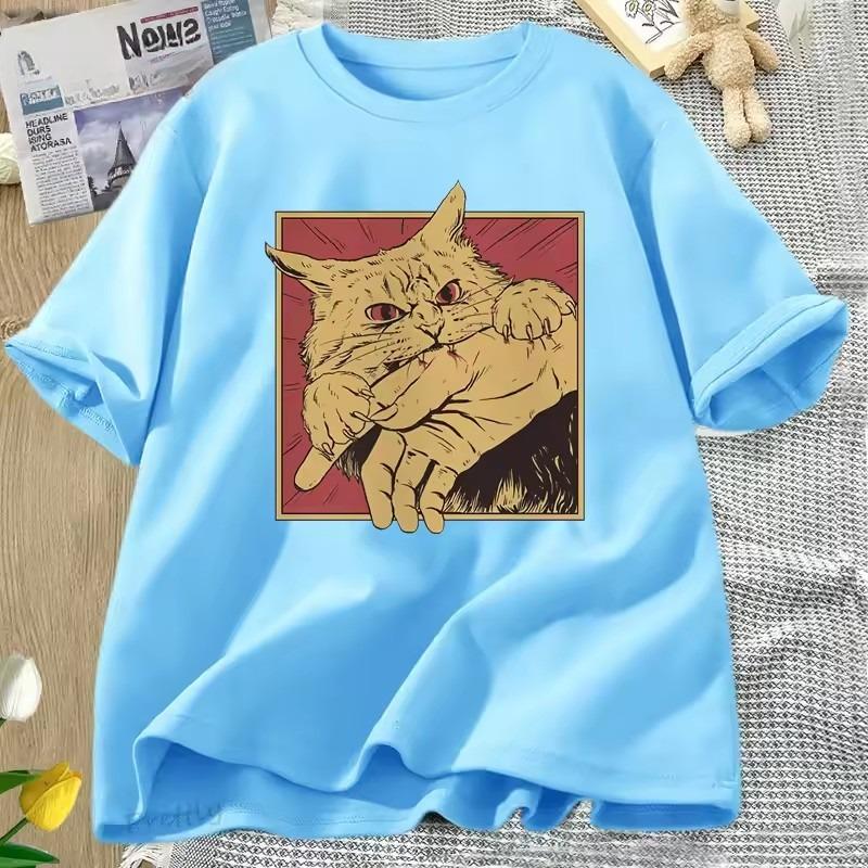 Vintage Cat Bite Cotton T Shirt Japanese Horror Retro Graphic Tee Horror Cats Crazy T Shirts Men Women Fashion Short Sleeve Tees