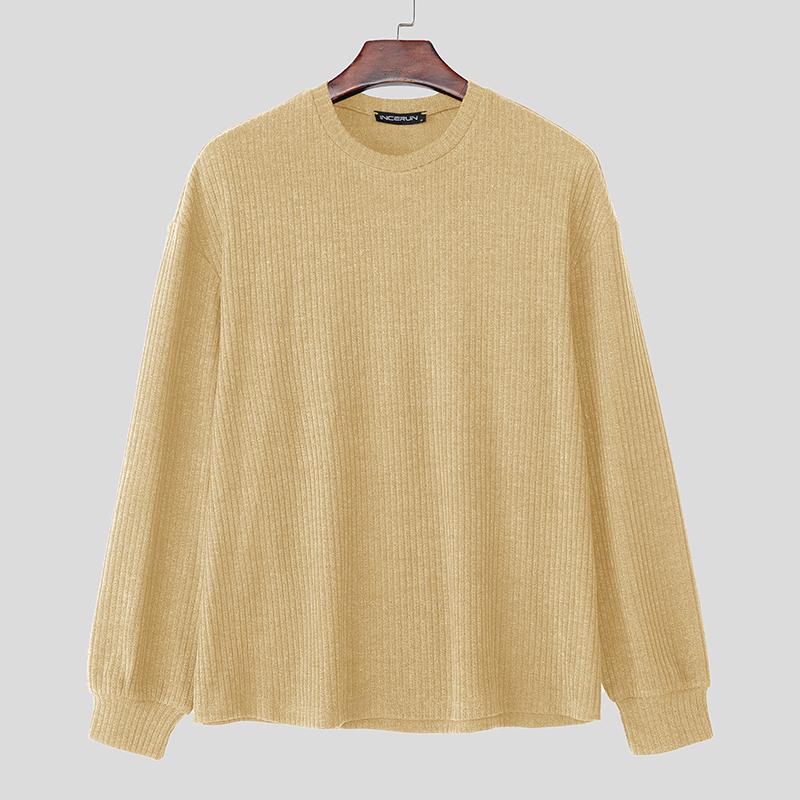 INCERUN Autumn Men Round Neck Long Sleeve Texture Rib Casual Pullover Tops