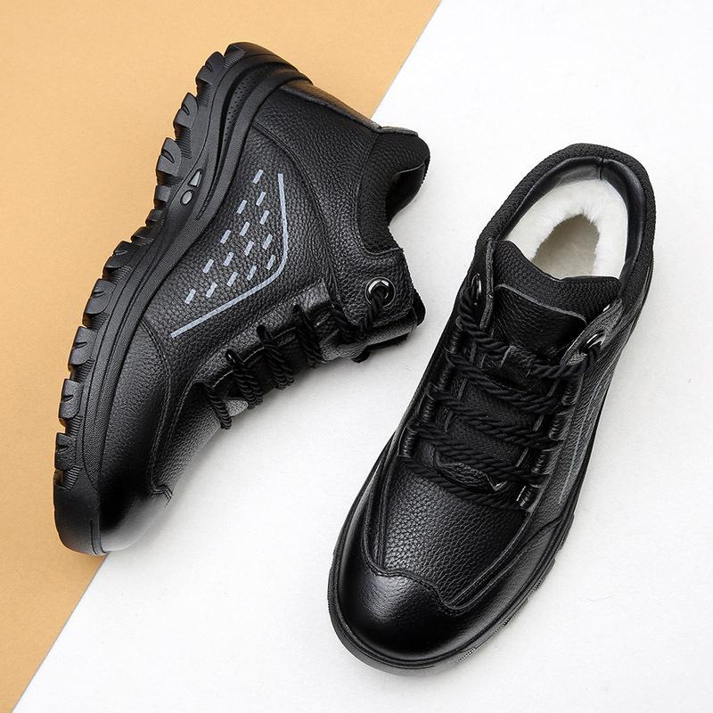 

2025 прямой кожаный зимний бархатный теплый мужской высокий верх мех интегрированная шерсть нескользящая мягкая подошва папа хлопковые туфли 44 чёрный