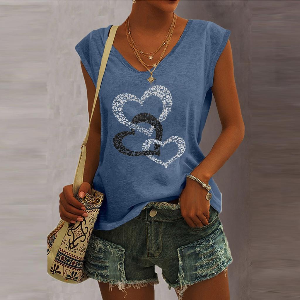 Women's V-Neck T-Shirt Casual Sleeve Vest Love Print Loose Blouse Tank Tops