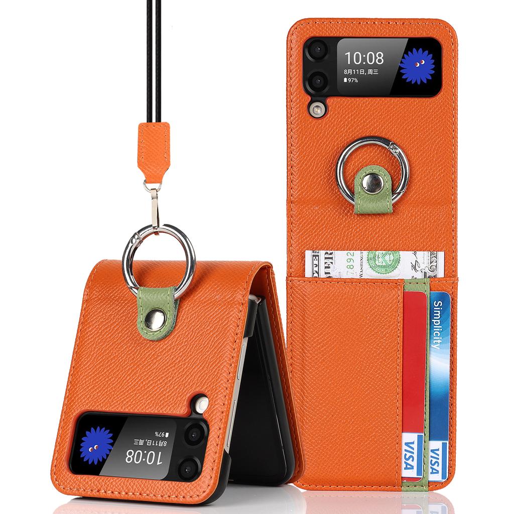 Ring Holder Genuine Leather Wallet Phone Case for Samsung Z Flip 4 3 5G Card Solt Crossbody Lanyard Shockproof Flip4 Flip3 Cover
