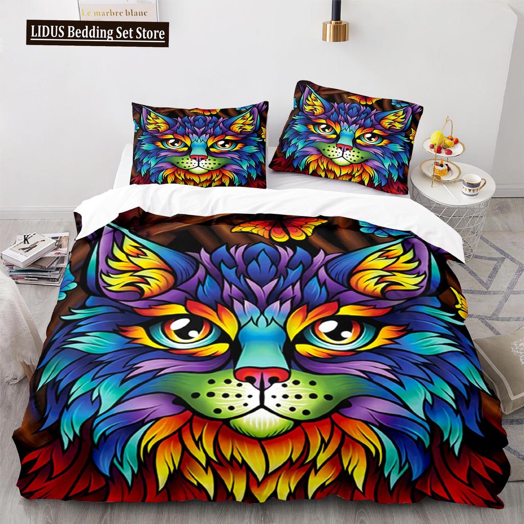 Cat Duvet Cover Set King Size Cute Cats Pattern Bedding Set Decorative Animal Polyester Comforter Cover With Pillowcases For Kid
