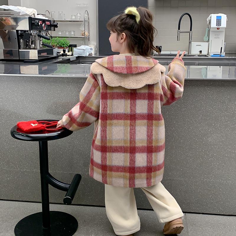 Girls' 2025 Mid-Length Plaid Wool Coat - Thickened for Autumn/Winter Warmth