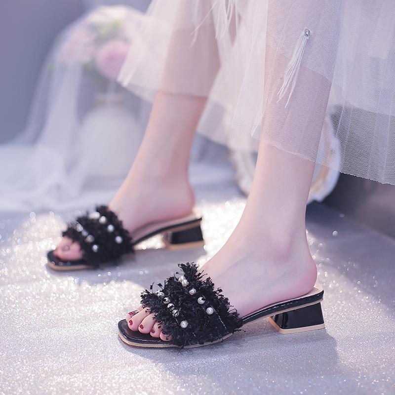 Chunky Heel Slippers for Women To Wear As Outerwear In Summer, New Square Toe Open Toe Pearl Fashionable Mid-heel Sandals