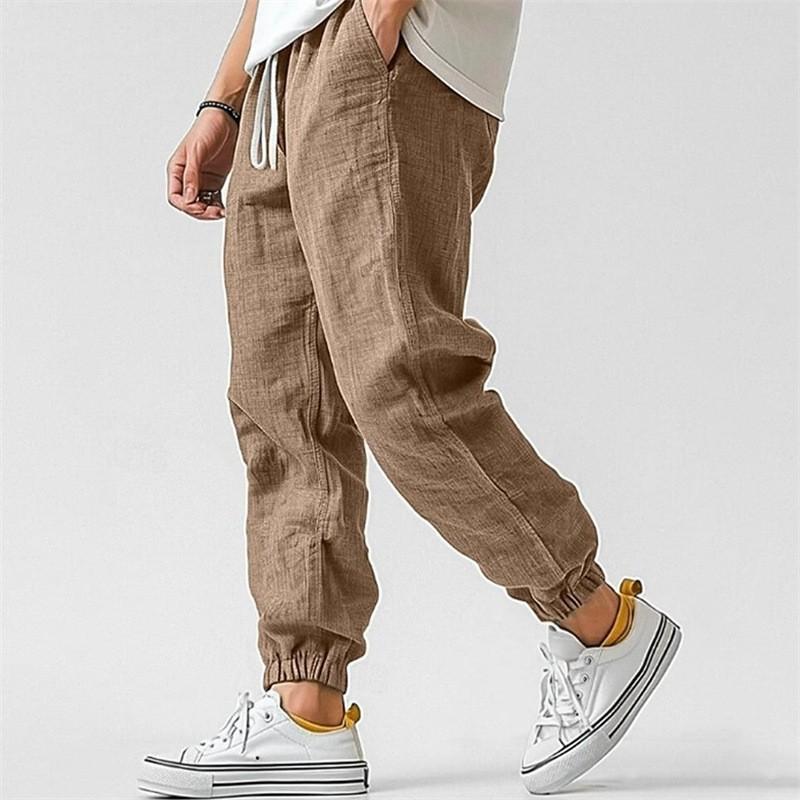 Men High Quality Cotton Linen Casual Pants Elastic Waist Solid Color Breathable Comfortable Straight Leg Cuffed Trousers
