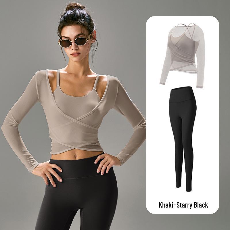 Women's Professional Yoga Set: Long Sleeve, Waist-Cinching, Slimming Two-Piece for Pilates with Chest Pads.
