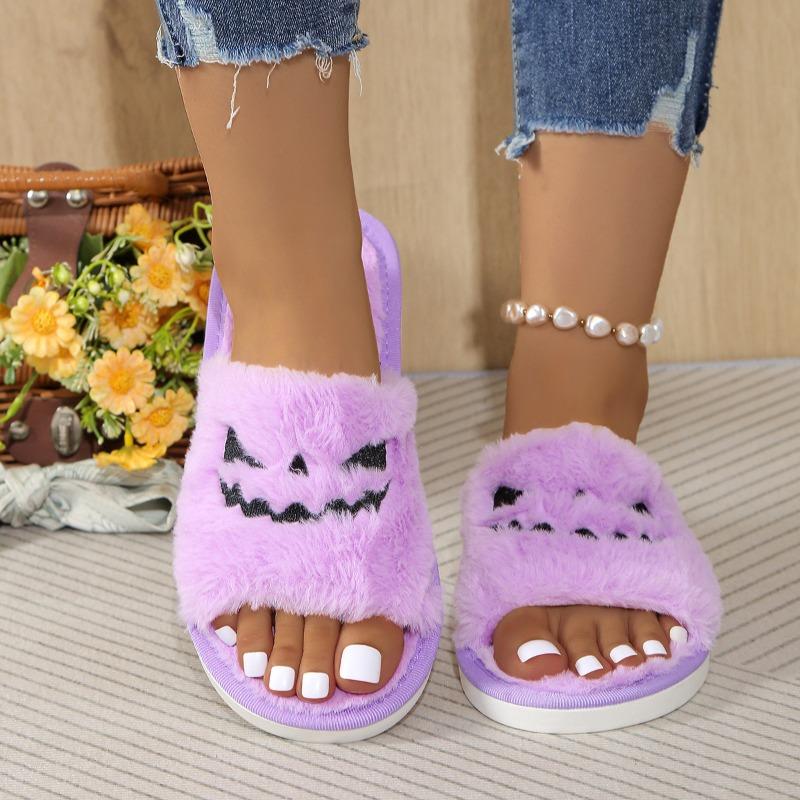 Fashion European and American Halloween Slippers 2024 Autumn and Winter Women's Flat Bottom Fluffy Slippers with A One Line Design Sense