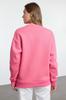 Women's Fashionable Stylish Sweatshirt Pink Thin Crew Neck Ribbon Detailed Oversize Comfortable Cut Knitted Sweatshirt