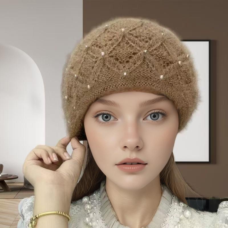 Korean version of fashion pearl headgear ear protection knitted heap hat winter handmade thickened warm mother wool hat women