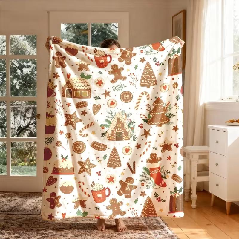 Gingerbread Man Christmas Blanket Cute Cookie House Print Soft Cozy Warm Blanket Xmas Home Decor Holiday Gift