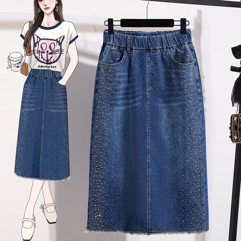 DIMANAF 2026 Summer New Plus Size Women High Waist Denim Skirt Rhinestone Decorated Elastic Waist A-Line Skirt XL темно-синий