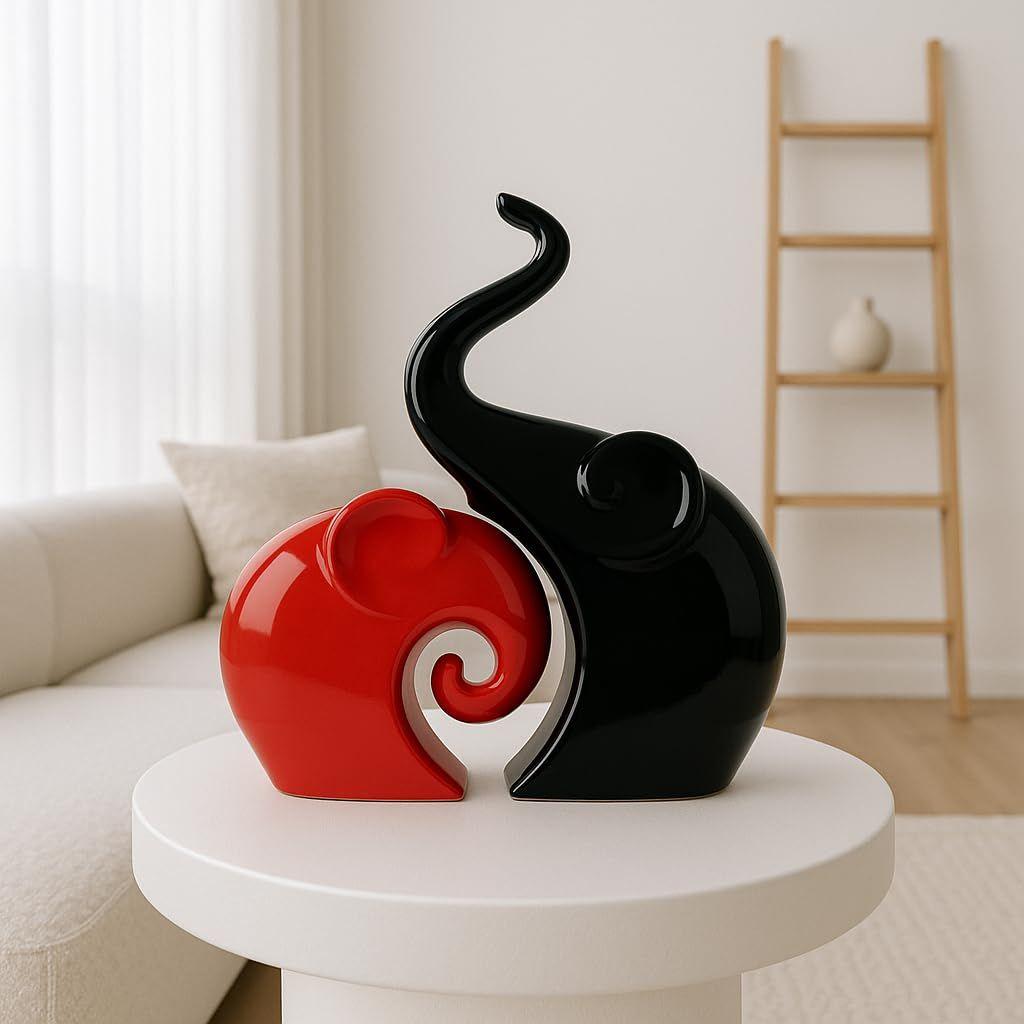 Home Decor Lucky Charm Elephant Couple | Piano Finish Ceramic Figures- (Set of 2 Piece, Red & Black)