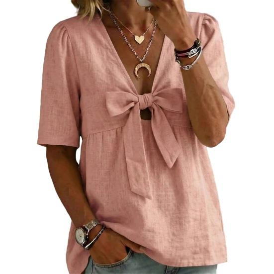 

Shirt Pure Color Loose Fit Commuting Style Casual Tops Front Bowknot Decor S розовый