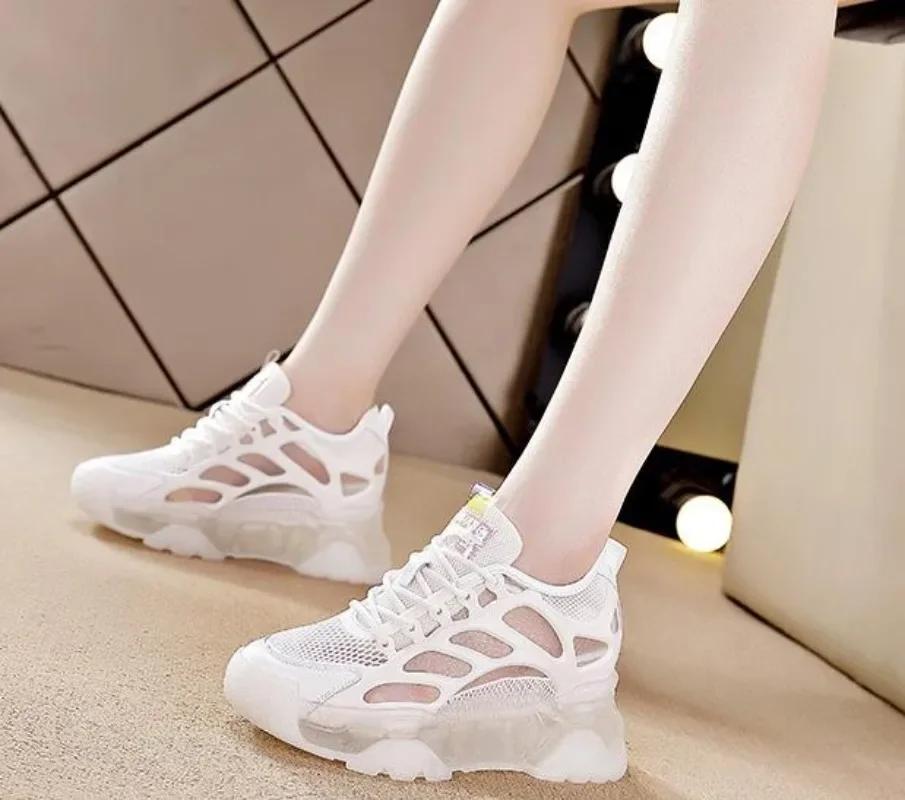 Mode 8cm Mode Plateau Keilabsatz Sneaker Damenschuhe Echtes Leder Atmungsaktives Air Mesh Damen Sommer Schuhe Klobig Frühling Herbst 2024