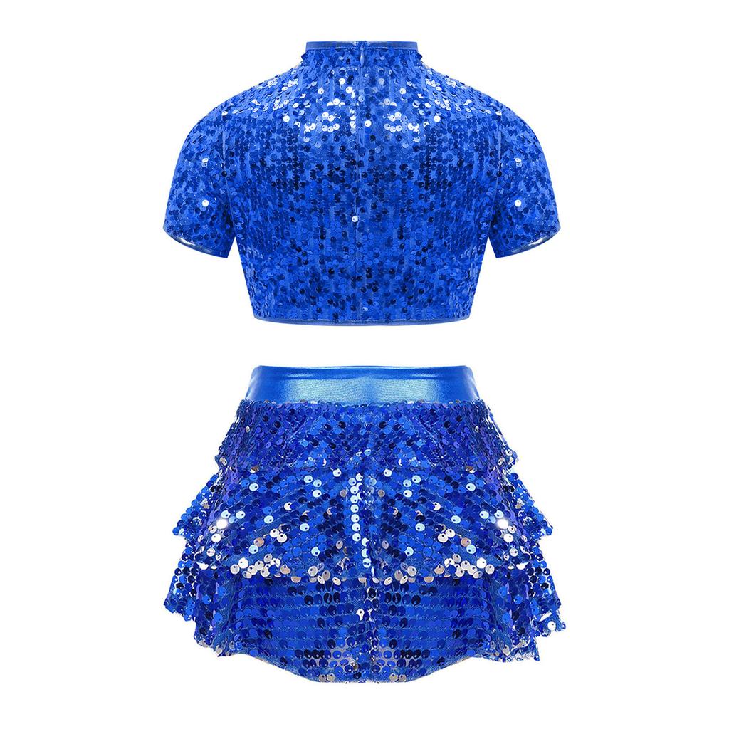 Girls Cheerleading Dance Costume Mock Neck Short Sleeve Sparkly Sequins Crop Top Tiered Ruffle Shorts