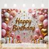 Birthday Party Backdrop Floral Gold Pink Polyester Banner Photo Booth Decoration