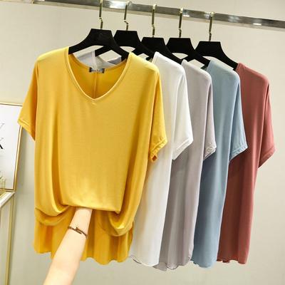 Modalny T-shirt z dekoltem V, luźny, z krótkim rękawem, plus size, z rozcięciami po bokach - Casualowy top w jednolitym kolorze na wiosnę/lato