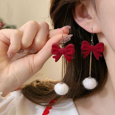Boucles d'oreilles Exquises en Alliage Velours Rouge Nœud Boucles d'oreilles Pendantes Nœud Amour Rouge Vin Cœur Perle Décoration Boucles d'oreilles Nouvel An