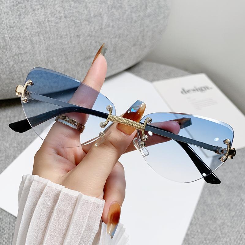 Frameless Sunglasses Gradient Color Cut Edged Sunglasses Cat Eye Fashion Sunscreen Decorative Metal Glasses 90256