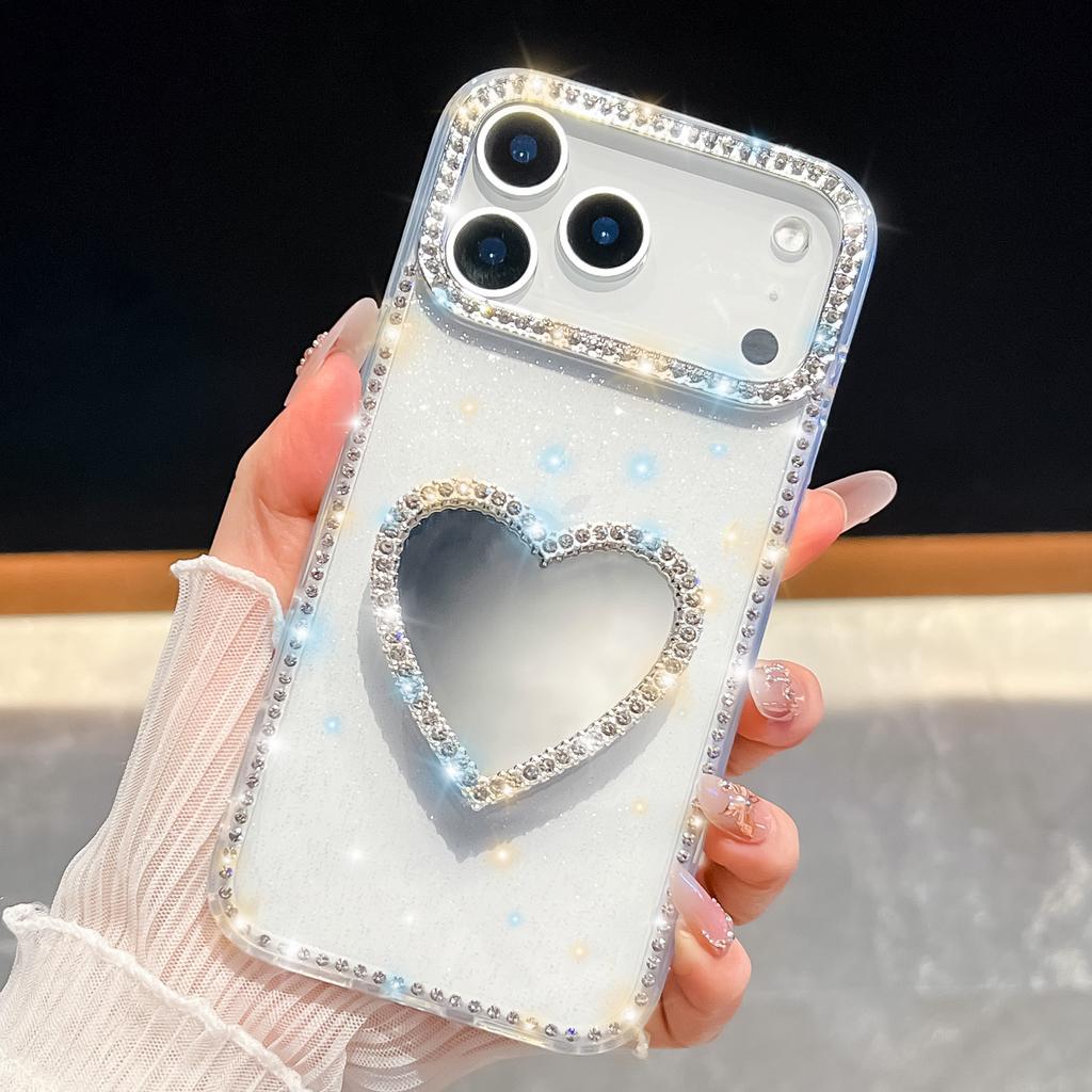 Diamond Frame Glitter Clear Phone Case For Iphone 16 Plus 15 14 13 Pro Max 16e 16promax 15promax 3D Love Heart Mirror Holder