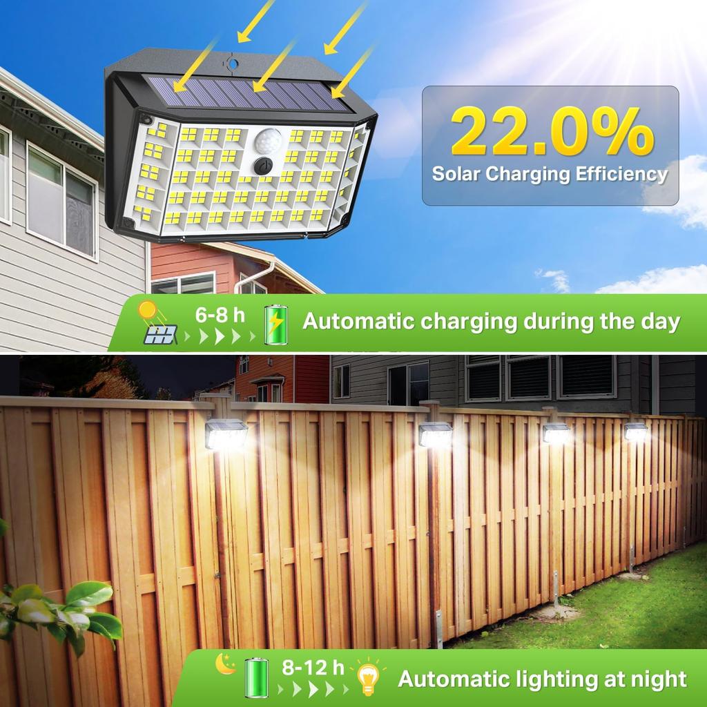 Solar Lights Outdoor,176 LED Super Bright Motion Sensor Lights Waterproof Security Light for Fence Yard Door Patio Garage Step
