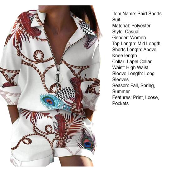 2 Pcs/Set Shirt Shorts Suit Zipper Lapel Loose Printed Long Sleeve Casual Soft Pockets High Waist Lady Top Shorts Set
