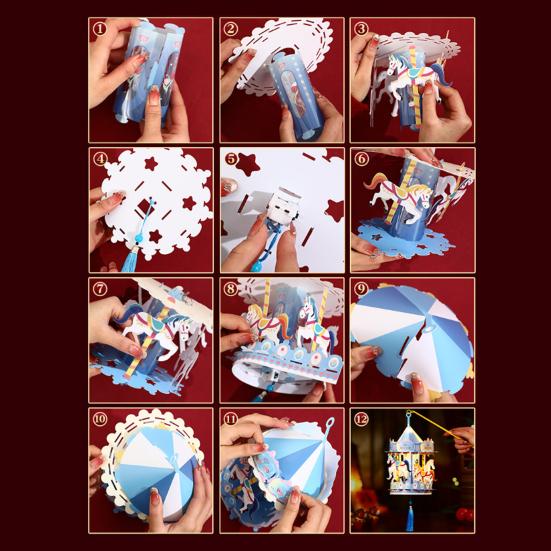 DIY Carousel Lantern Kit with Pole Kids Handmade Merry-go-round LED Lantern Toy Chinese Year of Horse Spring Festival Decoration