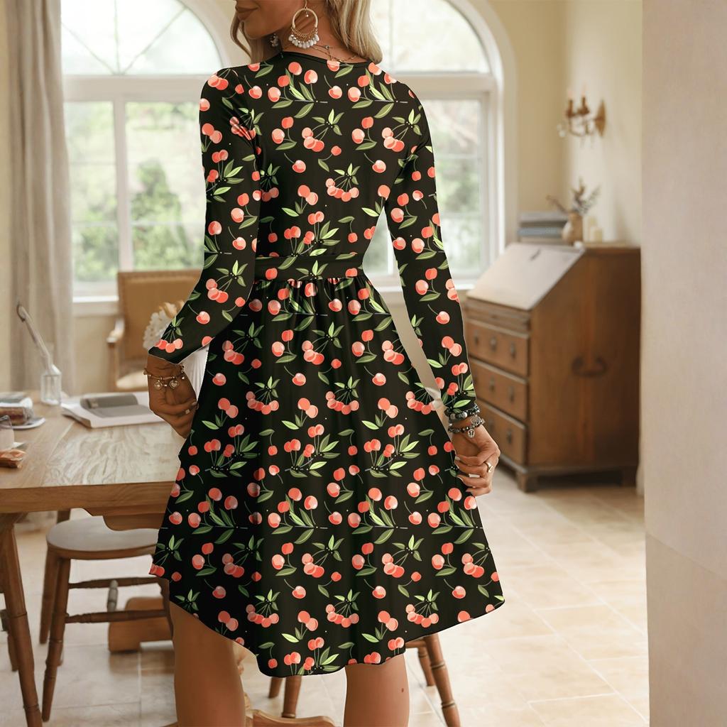 Women's Fashionable Retro Printed Color Blocked Waist Belt Casual Long Sleeved Dress