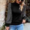 Women's Autumn and Winter Half High Neck Long Sleeve Pullovers Sequined Patchwork Knitted Top Female Long Sleeve Tops