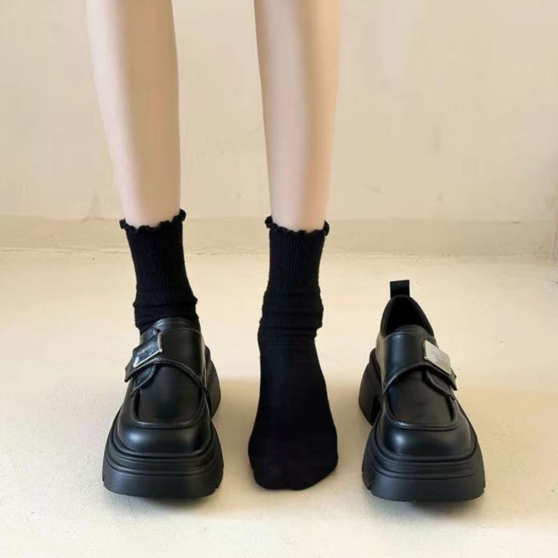 Black Loafers Women's Platform One Pedal 2025 Spring and Autumn New French Japanese JK with Skirt Height-increasing Small Leather Shoes
