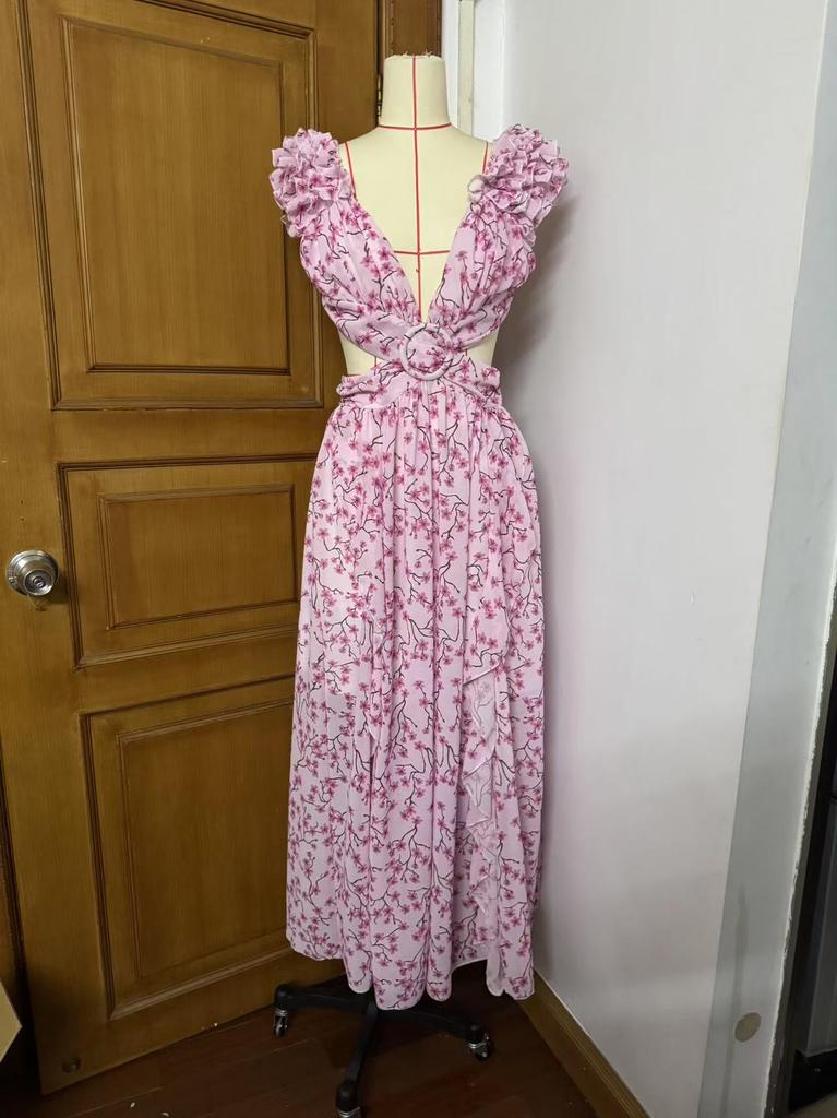 Autumn Europe, America, New Fashion and Leisure Home Floral Backless Waist Temperament French Dress Women