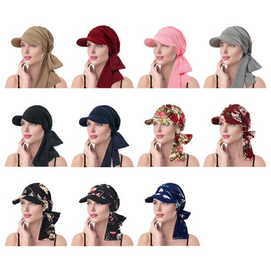 Women Headscarf Hat Flower Pattern Lace-up Ribbon Turban Hat Outdoor Travel Cycling Sunshade Cap Headwear