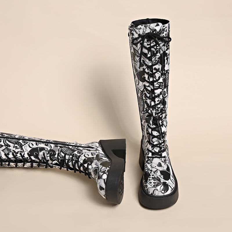 Fashion Women's Autumn New Printed Plus Fleece Platform Long Cylinder Riding Boots High Cylinder Boots