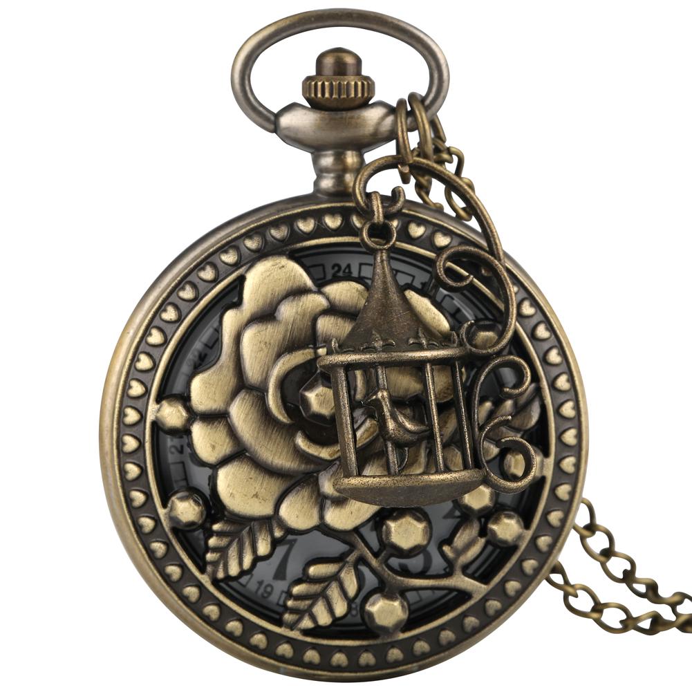 Two Little Birds Retro Style Quartz Pocket Watch Chain Steampunk Necklace Pendant Fob Watch Animal Clock with Birdcage Accessory