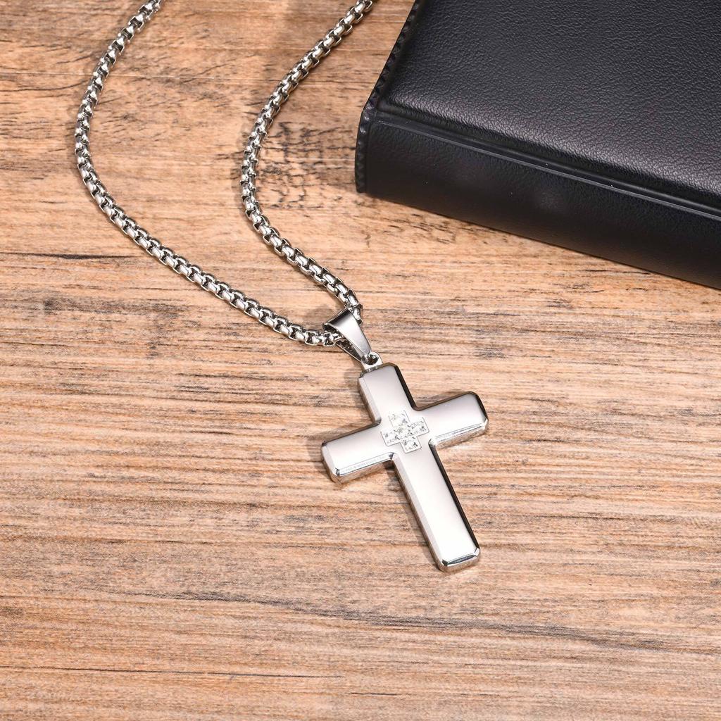 Dainty Zircon Cross Necklaces for Men Boys,Stainless Steel Plain Cross Pendant Necklaces,Hip Hop Cool Birthday Father Gifts