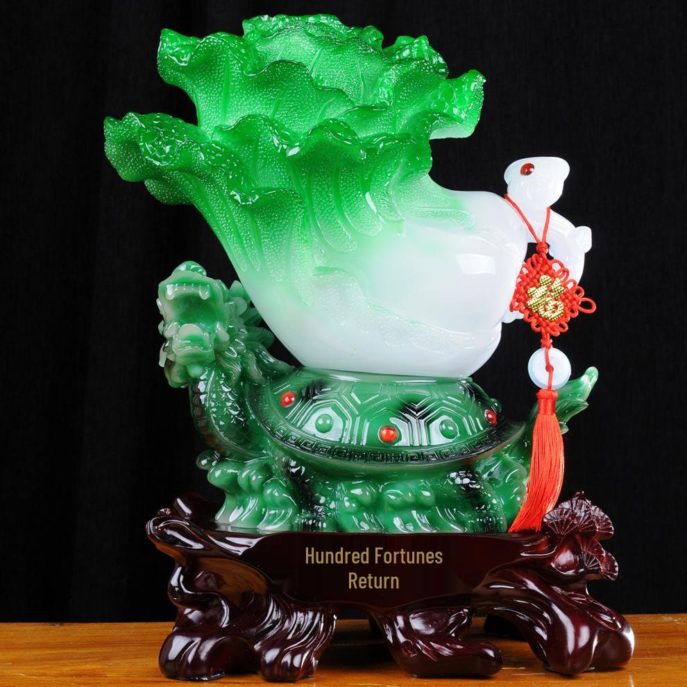 Large Jade Cabbage Ornament with Golden Toad - Living Room, Entrance & Wine Cabinet Decoration Gift