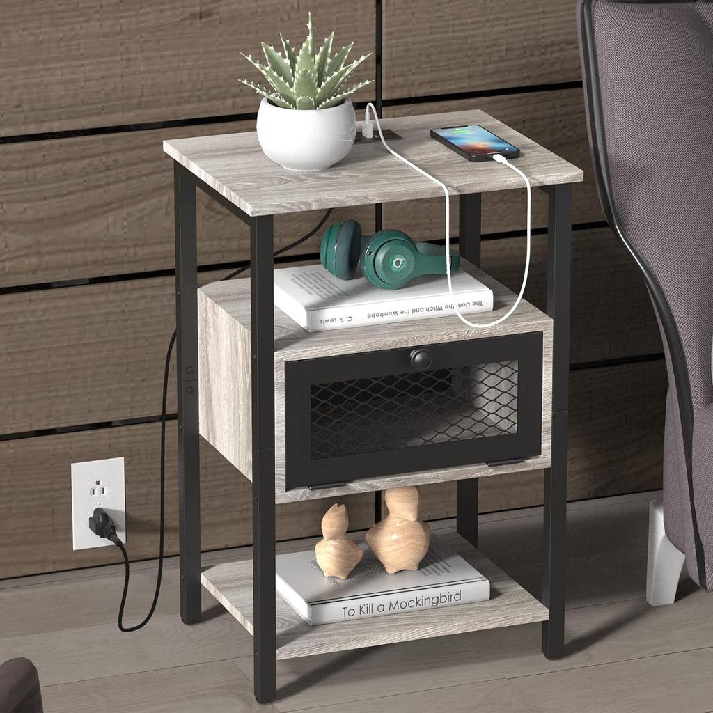 Bedside table 2-piece set with charging station suitable for bedroom, living room, side table with storage drawer