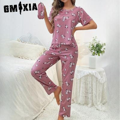 Damen Loungewear O-Ausschnitt Kurzarm Lange Hose Bedruckt mit Augenmaske 3-teiliges Pyjama-Set