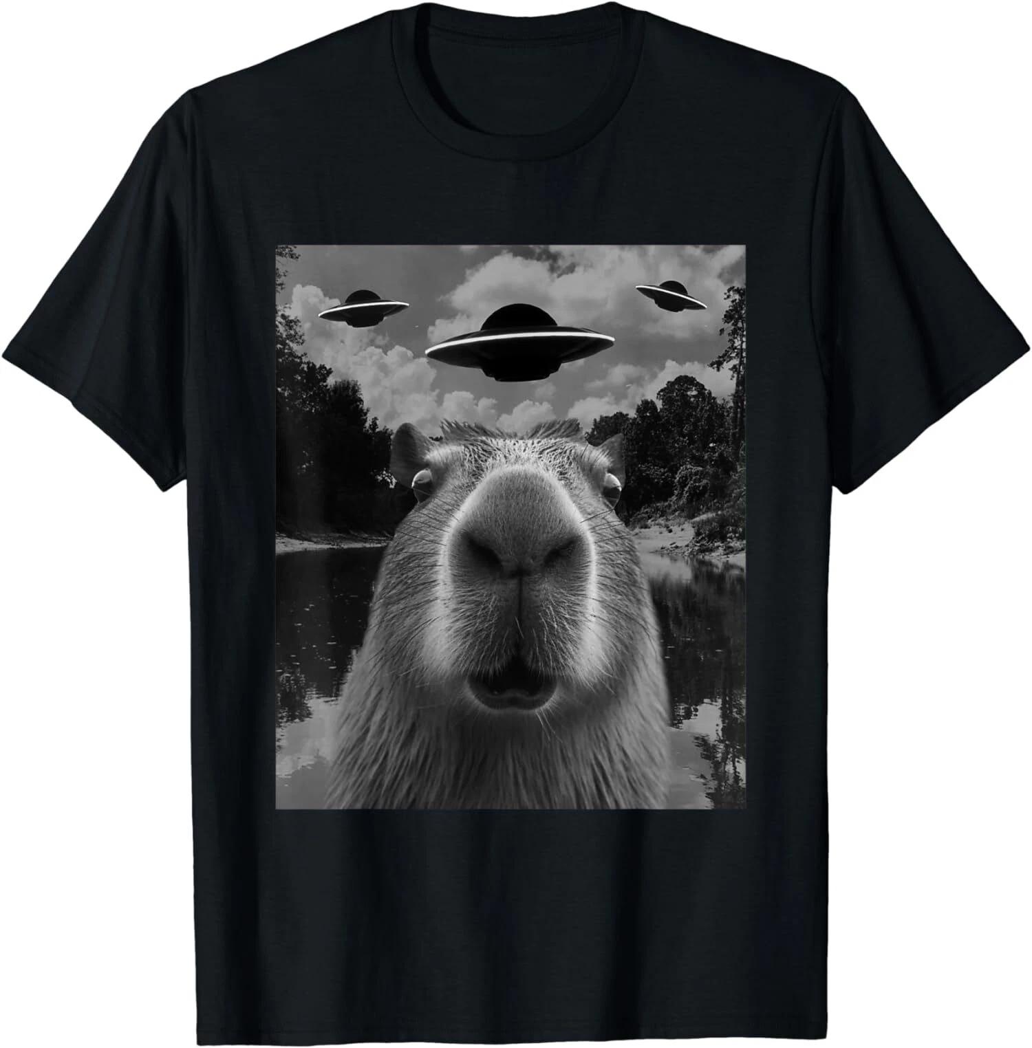 Funny Graphic Tee Capybara Selfie with UFOs Weird Unisex T-Shirt S