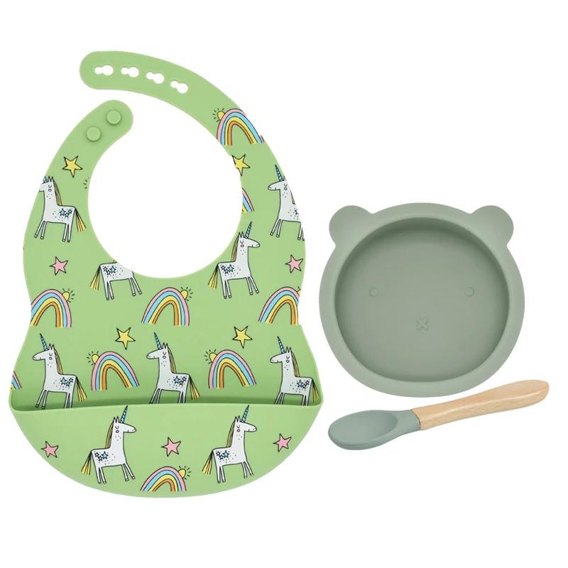 3Pcs/Set Baby Bibs Bowl Spoon Set Food Grade Silicone Baby Waterproof Plate Baby Tableware Toddler Feeding BPA FREE