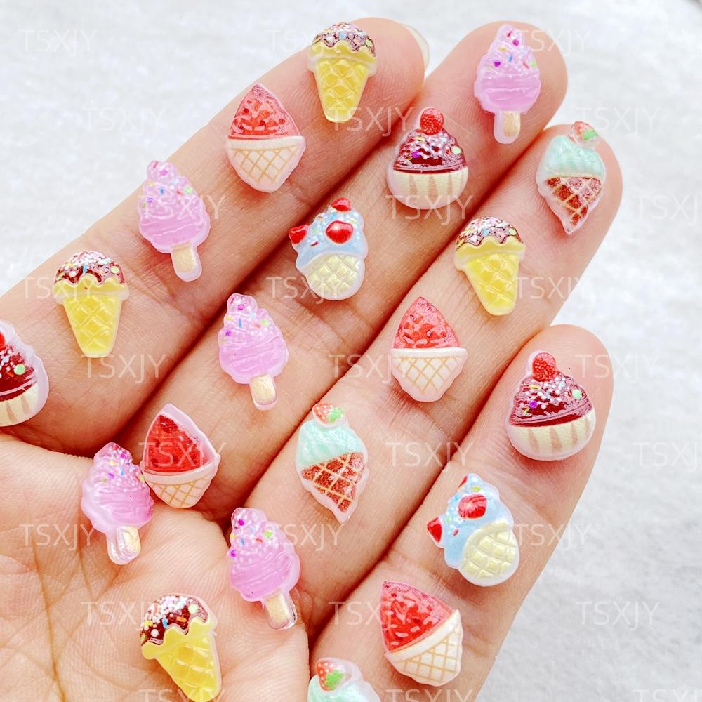 50Pcs New Mixed Nail Art Cute Cartoon Mini Colored Ice Cream Charms Rhinestones DIY Craft For Nail 3D Decorations