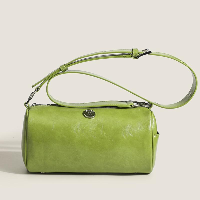 IELGY simple oil wax leather solid color cylindrical women's bag, versatile soft surface small round bag, shoulder messenger bag