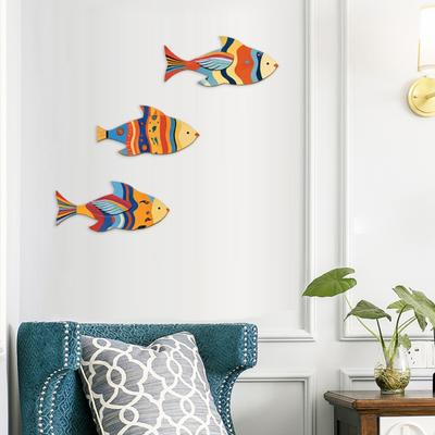3 Pièces Décoration Murale Poissons en Bois Nautique, Art Mural Poissons Rustiques d'Été, Thème Océanique Côtier Ornements Suspendus Vintage pour Maison, Pavillon de Lac, Salle de Bain