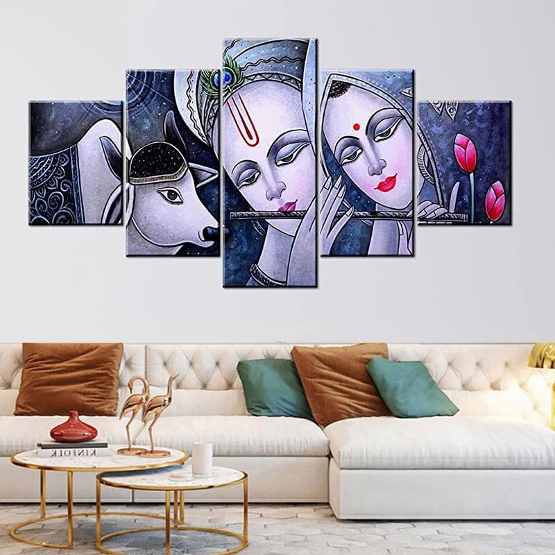 5 Panels Lord Krishna Figure Canvas Painting Nordic Abstract Posters and Prints Wall Picture for Living Room Home Decor No Frame