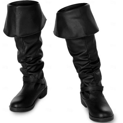 Women's Leather Boots Low Heels Solid Color Round Toe Belt Buckle Pleated Women Shoes Black Punk Large Size 35-48 Long Boots